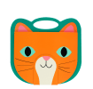 Orange cat-faced sketchbook with teal handle, stylised eyes, whiskers and ears.
