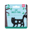 Cat-shaped 6-in-1 multi-tool in black metal, displayed on illustrated retail packaging