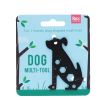 Dog-shaped 6-in-1 multi-tool in black metal, displayed on illustrated retail packaging