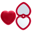 Red heart-shaped compact mirror, closed and open showing two mirrors inside.
