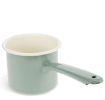 Pistachio green enamel milk pot with white interior and long handle.
