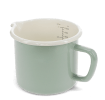 Pistachio green enamel measuring jug with pour spout and 1 litre internal markings.