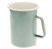 Pistachio green enamel jug with pour spout, white interior and 1.7 litre capacity.