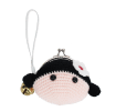 Crochet girl-shaped coin purse with a metal clasp and hanging bell charm.