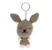 Crochet rabbit keyring with long ears and a silver metal keyring attachment.
