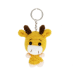 Crochet giraffe keyring with small horns and a silver metal keyring attachment.