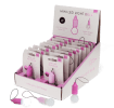 Mini LED light bulb keyring displayed beside countertop display box and retail packaging