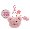 Pink teddy bear lip gloss keyring with plush pouch and flower charm with tag.