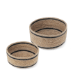 Set of two round woven storage baskets with black stripe detail.