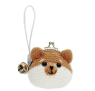 Crochet fox-shaped coin purse with a metal clasp and hanging bell charm.