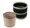 Set of two round jute storage baskets in natural and black.