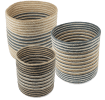 Set of three round jute striped jute baskets in assorted sizes.