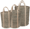 Set of three striped storage baskets with handles in assorted sizes.