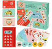 Wooden shopping money play set with toy cards, cash register, coins and receipts
