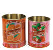 Set of two retro-style storage tins with marmalade and wild strawberry preserve designs