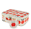 Vintage apple print insulated lunch bag with red zip fastening and carry handle with tag.