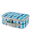 Blue check print insulated lunch bag with red zip fastening and carry handle.