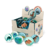 Dinosaur bouncy balls display box with assorted dinosaur figures inside blue bouncy balls