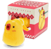 Hand-crank chicken pencil sharpener with yellow plastic body and retail packaging.