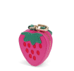 Strawberry-shaped coin purse with zip closure, embroidered seed details and keychain attachment.