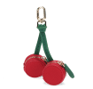 Cherry-shaped coin purse with zip compartments, green strap and gold-tone keychain.