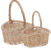 Set of two natural wicker baskets with woven design and carrying handles.