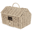 Woven farmhouse-shaped basket with pitched roof, handle and window.