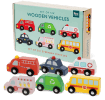 Set of six wooden toy vehicles with storage box, including bus, ambulance and fire engine
