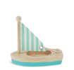 Good catch. From the image alone, the sail appears to be a flat printed panel and not clearly fabric. For accurate alt text, I'd avoid specifying the material.  Little wooden sailing boat with turquoise hull and striped sail