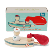 Wooden balloon-powered toy boat with detachable balloon and illustrated storage box