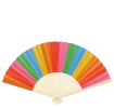 Rainbow-striped recycled paper hand fan with cream handle and colourful folding design.