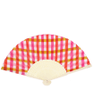 Pink and orange gingham recycled paper hand fan with cream handle and folding design.
