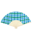Blue and green gingham recycled paper hand fan with cream handle and folding design.