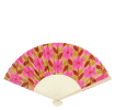 Retro daisy recycled paper hand fan with pink floral pattern and cream folding handle.