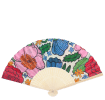 Vintage floral recycled paper hand fan with colourful flower pattern and cream folding handle.