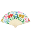 Spring floral recycled paper hand fan with colourful flower pattern and cream folding handle.