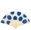 Blue polka dot recycled paper hand fan with cream folding handle and colourful circular pattern.