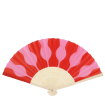 Pink and red abstract recycled paper hand fan with cream folding handle.