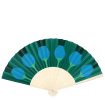 Green abstract recycled paper hand fan with cream folding handle.