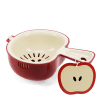 Red apple-shaped colander with handle and matching hanging apple tag