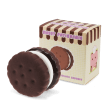 Chocolate biscuit squishy toy with cream filling, shown beside matching display box.