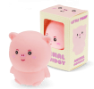 Pink pig-shaped squishy toy with smiling face, shown beside matching display box.