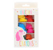 Box of six unicorn-shaped crayons in assorted colours with window-front packaging.