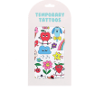 Pack of temporary tattoos featuring colourful cartoon fruit, flowers and rainbow characters.