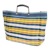 Large woven shopping bag with blue, yellow and white striped design and black handles.
