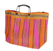 Large woven shopping bag with orange and pink striped design and black handles.