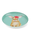 Round metal trinket tray featuring an illustrated rabbit with a red flower.