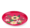 Round pink metal trinket tray with colourful floral design.