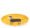 Oval yellow metal tray featuring an illustrated spotted dog wearing a blue checked coat and beret.
