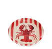 Oval metal trinket tray with a red lobster design on a red and cream striped background.